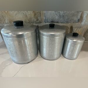 Vintage 50’s MCM Century Spun Aluminum Kitchen Canister Set of 3 Art Deco READ